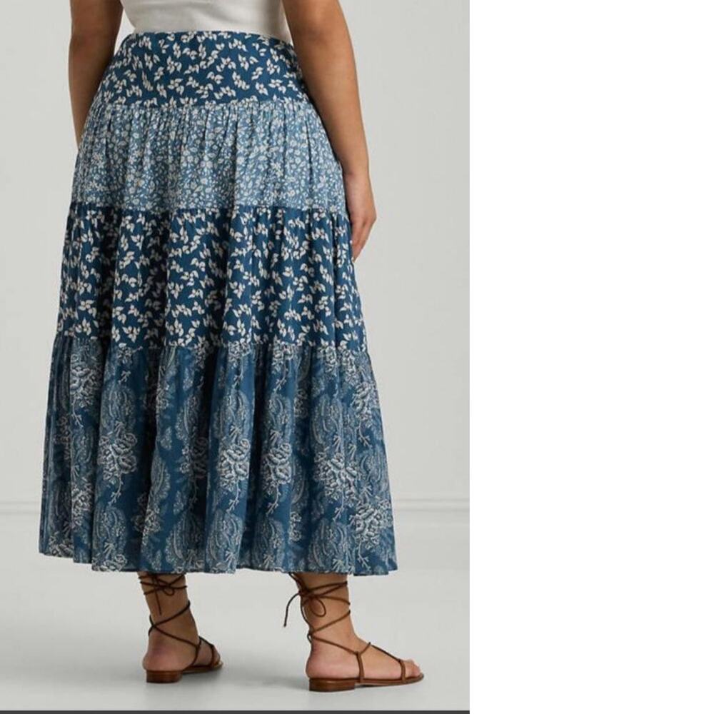 Ralph Lauren Floral Cotton Tiered Ruffle Hem Maxi Skirt Blue White 16 Romantic - Picture 9 of 14